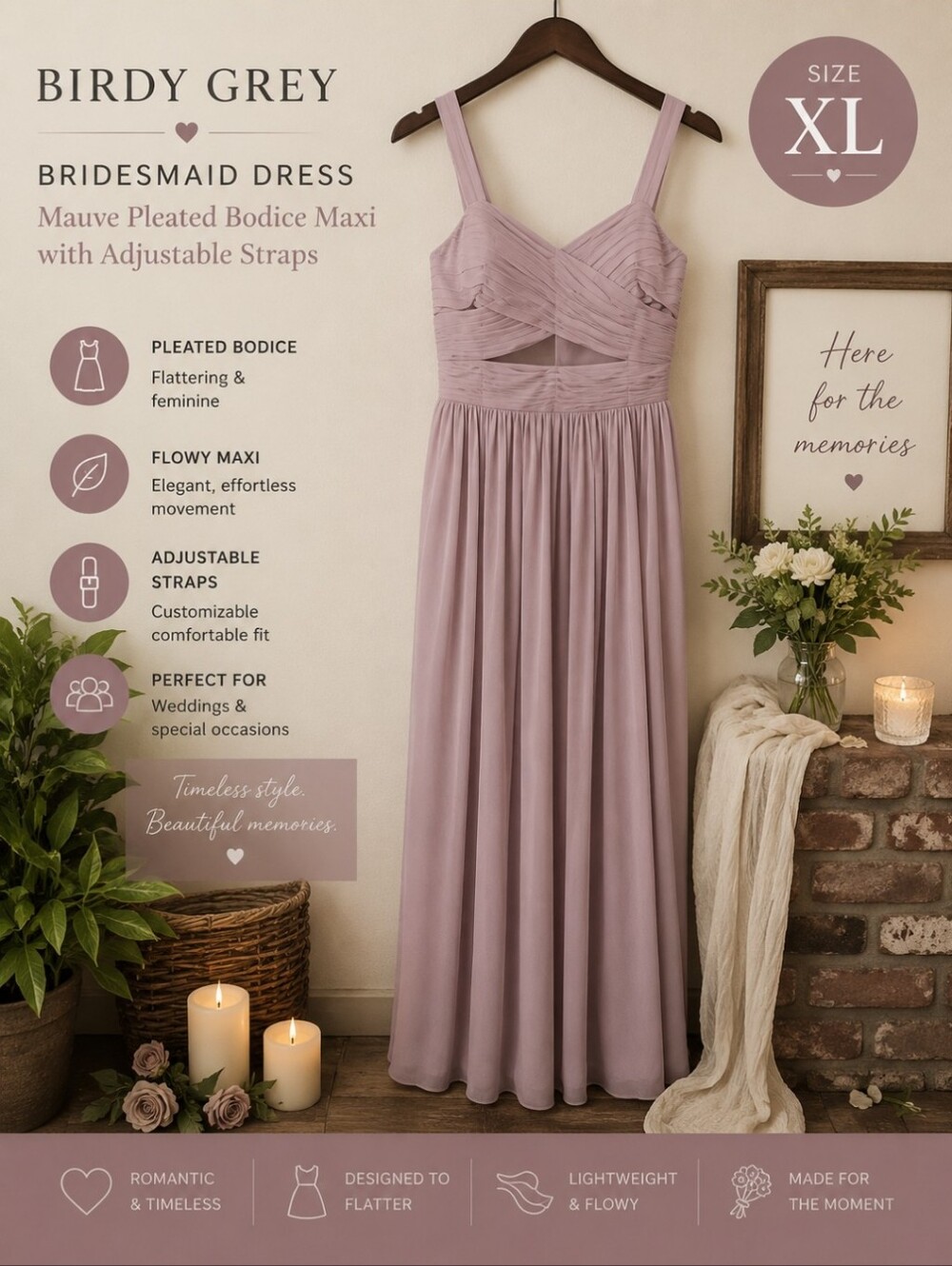 Birdy Grey Bridesmaid Dress – Mauve Pleated Bodice Maxi with Sheer Detail